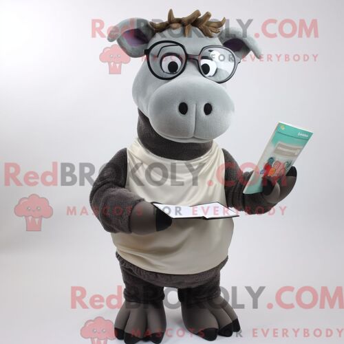 Costume Mascotte Redbrokoly De Vache En Jersey Gris Personnage Habillé D Un Col Roulé Et De Lunettes De Lecture