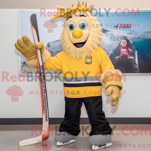 Mascotte Redbrokoly De Bâton De Hockey Sur Glace Doré Personnage Habillé Avec Un Pantalon De Jogging Et Des Pinces À Cheveux
