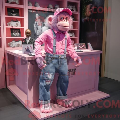 Costume De Mascotte Redbrokoly De Chimpanzé Rose Habillé D Un Short En Jean Et De Porte-Clés
