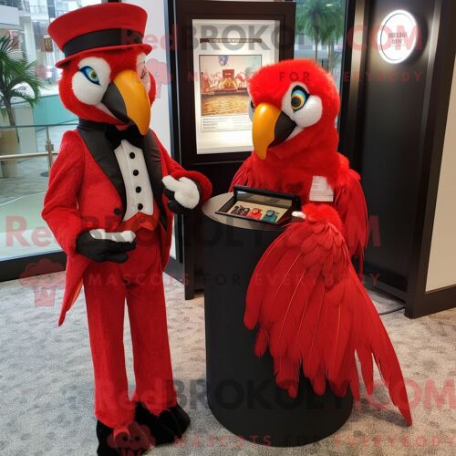 Costume De Mascotte Redbrokoly D Ara Rouge Habillé D Un Smoking Et D Un Porte-Monnaie