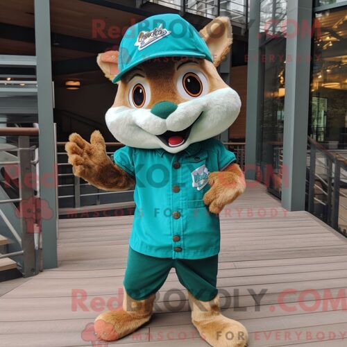 Costume De Mascotte Redbrokoly De Chipmunk Bleu Sarcelle Habillé Avec Un Jean Skinny Et Des Épingles À Chapeau