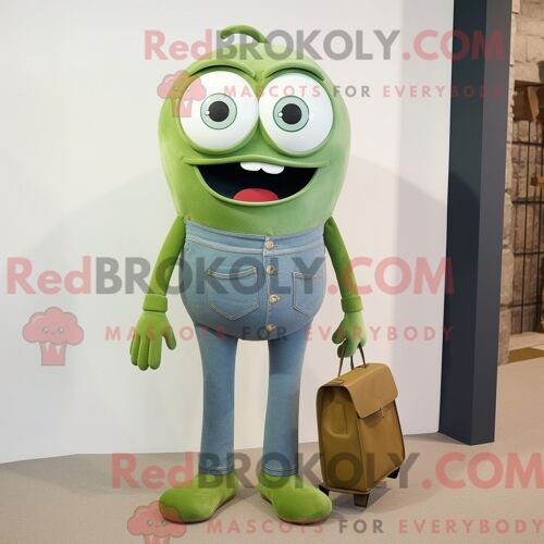 Costume De Mascotte Redbrokoly De Cyclope Olive Habillé Avec Un Jean Boyfriend Et Des Pochettes