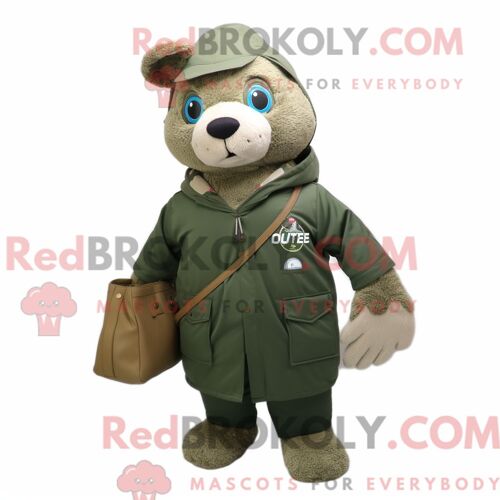 Personnage De Costume De Mascotte Redbrokoly Olive Marine Recon Habillé D Un Manteau Et De Sacs Fourre-Tout