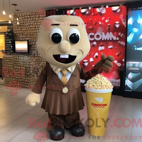 Costume De Mascotte Redbrokoly De Pop Corn Marron Habillé Avec Une Robe De Cocktail Et Des Cravates