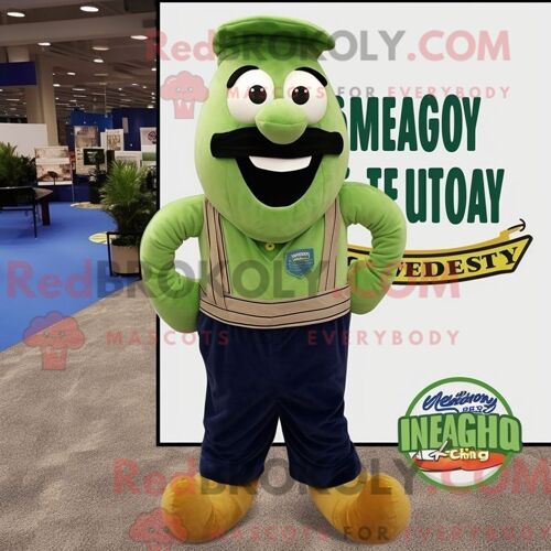 Costume De Mascotte Redbrokoly De Haricot Vert Marine Personnage Habillé Avec Un Pantalon Et Des Bretelles En Velours Côtelé
