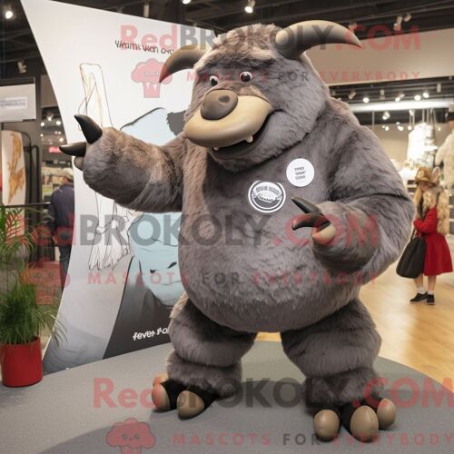 Costume De Mascotte Redbrokoly De Rhinocéros Laineux Gris Habillé D Un Pantalon Et D Anneaux En Velours Côtelé