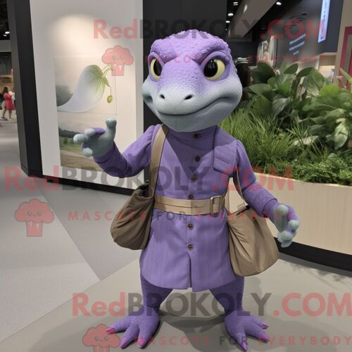Costume De Mascotte Redbrokoly De Lézard Lavande Habillé Avec Une Robe Midi Et Des Sacs Messager