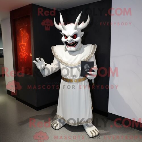 Costume Mascotte Redbrokoly De Démon Blanc Habillé Avec Une Robe Fourreau Et Des Pochettes