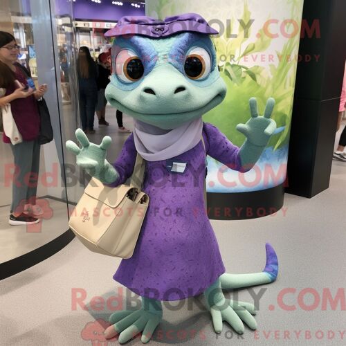 Costume De Mascotte Redbrokoly De Lézard Lavande Habillé Avec Une Robe Midi Et Des Sacs Messager
