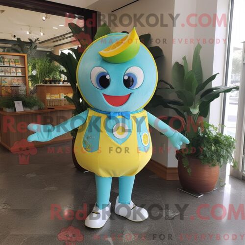 Costume De Mascotte Redbrokoly De Citron Cyan Habillé D Une Jupe Circulaire Et De Bretelles