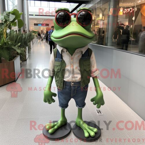Mascotte Redbrokoly De Personnage De Grenouille Habillé Avec Un Jean Et Des Lunettes