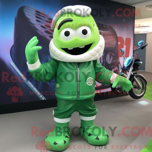 Personnage De Costume De Mascotte Redbrokoly De Crème Glacée Verte Habillé Avec Une Veste De Moto Et Des Coussinets De Pied