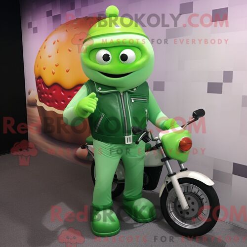Personnage De Costume De Mascotte Redbrokoly De Crème Glacée Verte Habillé Avec Une Veste De Moto Et Des Coussinets De Pied