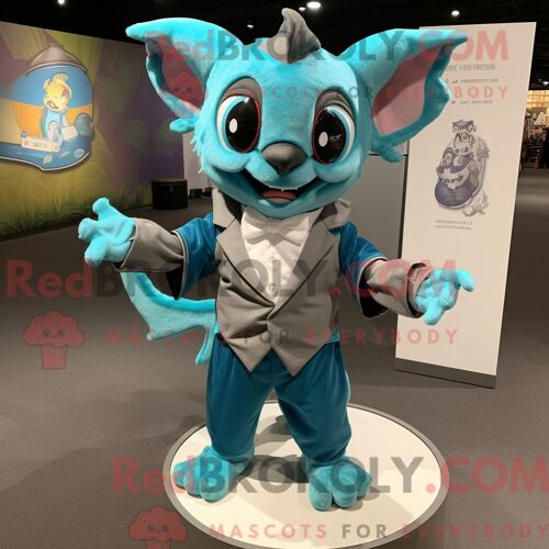 Costume Mascotte Redbrokoly De Chauve-Souris Turquoise Habillé D Un Débardeur Et De Pochettes De Costume