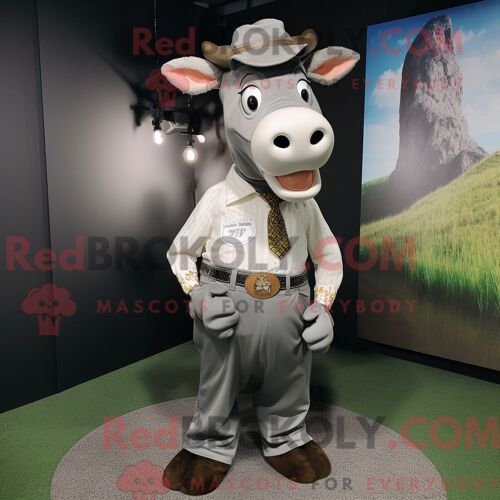 Costume De Mascotte Redbrokoly De Vache En Jersey Gris Personnage Habillé Avec Une Chemise Habillée Et Des Ceintures