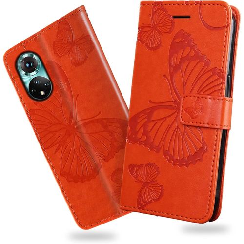 Coque Pour Huawei Honor 50 5g / Huawei Nova 9, Papillon Imprim¿¿ Housse En Cuir Pu Magn¿¿Tique Portefeuille, ¿¿Tui ¿¿ Rabat Pour Huawei Honor 50 5g / Huawei Nova 9, Orange