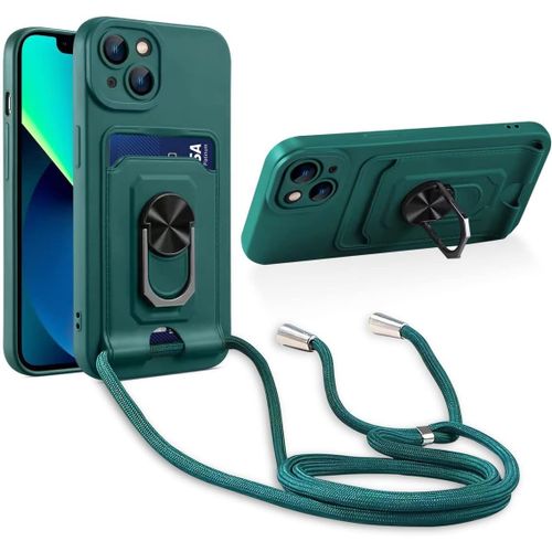 Cordon De Coque Compatible Avec Iphone 14 Plus,[Bequille 360'rotatif] [Fentes Pour Cartes] Antichoc Reglable Lanyard Silicone Case - Vert