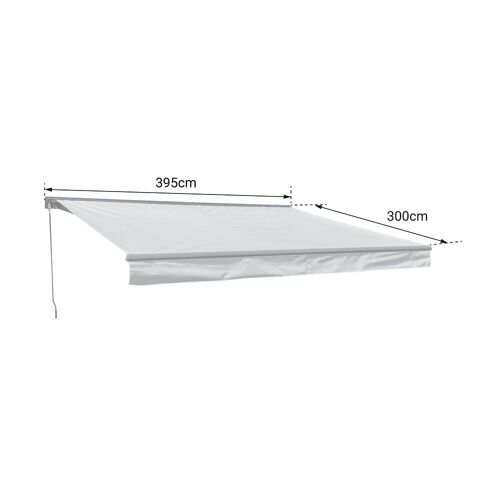 Store Banne Saule 3,95 × 3m Avec Semi-Coffre - Toile Rayée Blanche/Grise Et Structure Blanche