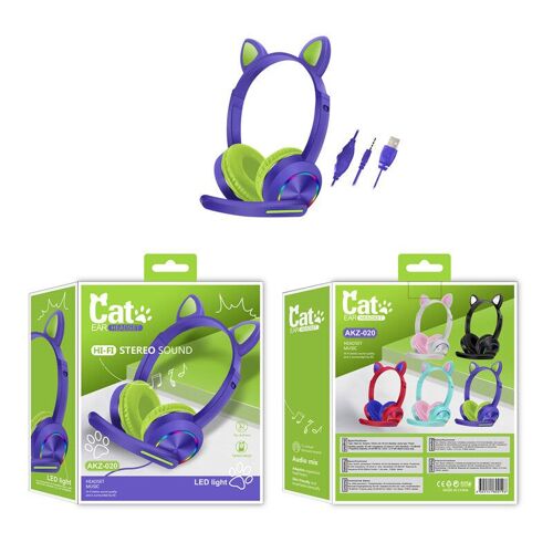 Casque Filaire Stéréo Super Bass 40MM Pilotes écouteur Lumineux Pliable Monté sur la Tête Mignon Oreille de Chat Casque de Jeu avec Micro,Bleu Foncé