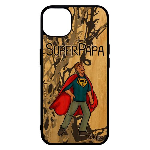 Coque bois silicone pour iPhone 14 super papa telephone bebe portable dessin case frêne 4G humour père drole motif texte gris