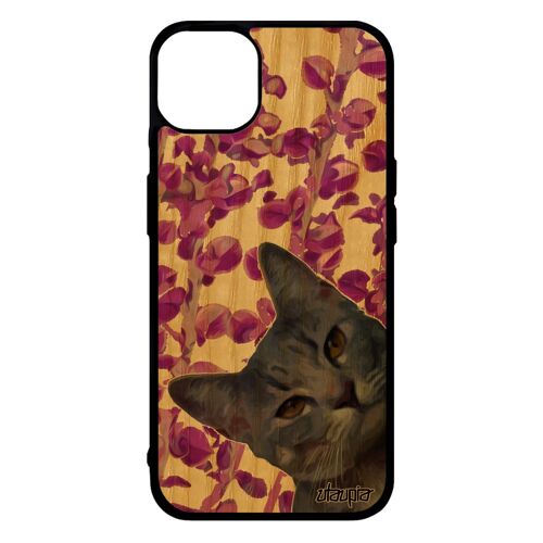 Coque en bois silicone chat de protection iPhone 14+ Plus et chaton rose matou animal felin motif personnalisé animaux design