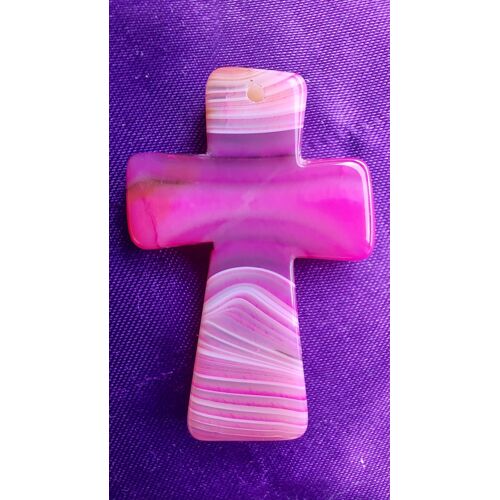 Pendentif Croix De Jésus En Agate Rose, Noir Et Blanc. 4.7 Cm. Magnifique Pierre Aux Couleurs Harmonieuses. Une Des Plus Belles De Ma Collection. Parfaite Idée De Cadeau. Lot 882