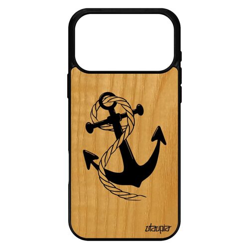 Coque pour iPhone 17 pro max en bois naturel silicone ancre de bateau chaine ray¿ 1000 Go corde portable vintage rayure marine Noir