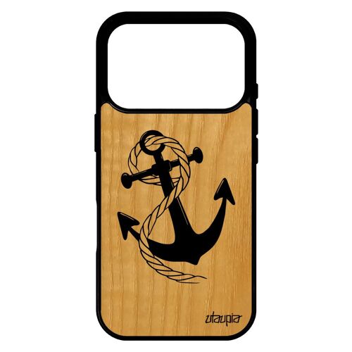 Coque silicone pour iPhone 17 pro en bois veritable et ancre Noir corde de bateau rayure marine design marini¿re noir vintage ray¿