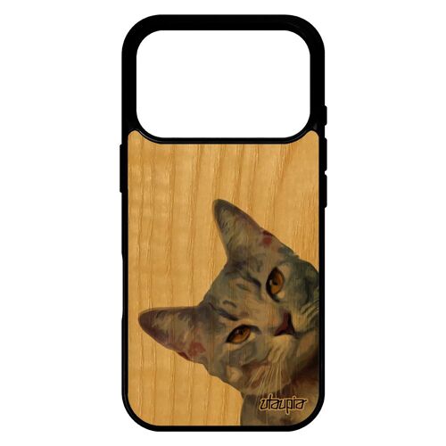 Coque pour iPhone 17 pro en bois silicone chat design animaux antichoc minou noir smartphone lolcat telephone nature jolie felin de