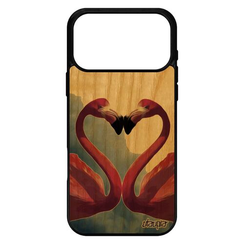 Coque silicone pour iPhone 17 pro max bois flamant rose animaux coeur gris design oiseau caoutchouc portable noir amour nuage
