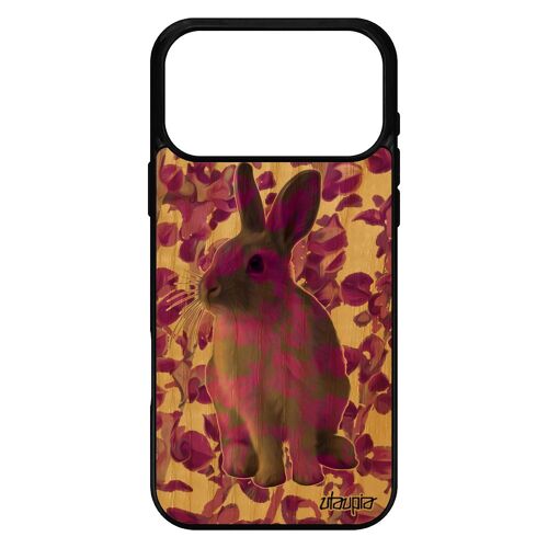 Coque en bois silicone pour iPhone 17 pro max lapin etui rose design de paques mobile case telephone animaux animal original belier