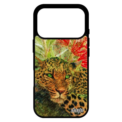 Coque silicone pour iPhone 17 pro leopard guepard jaguar sauvage mobile antichoc animal afrique nature vert design animaux 256 Go