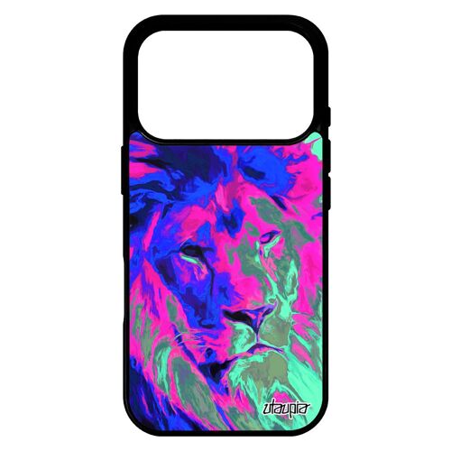 Coque pour iPhone 17 pro silicone lion fauve lionne housse pop art animaux roi violet street art pochoir 4G telephone felin design