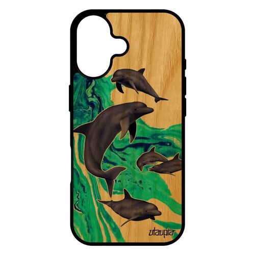 Coque Pour Iphone 17 Bois Silicone Dauphin Mer Texture Animal Personnalis¿ Telephone Peinture Etui Vert De Protection Animaux Marin