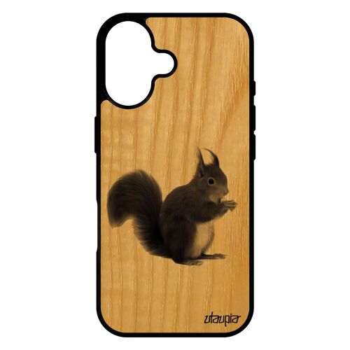 Coque bois silicone pour iPhone 17 ecureuil telephone TPU design jolie caoutchouc gris case animal mignon nature foret smartphone