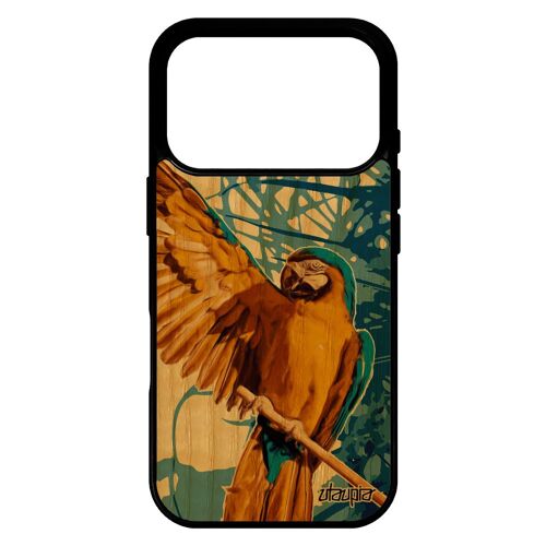 Coque bois pour iPhone 17 pro silicone perroquet animaux tropical exotique 4G feuilles animal oiseau noir perruche bleu design de