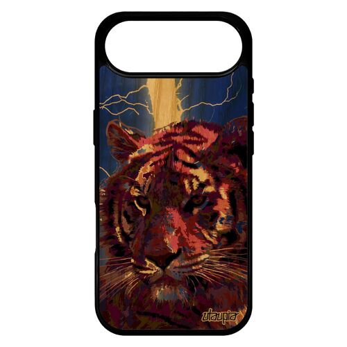 Coque Pour Iphone 17 Air Bois Silicone Tigre Antichoc Tigresse Pas Cher Eclair Fauve Du Bengal Foudre Animal Housse Orage Bleu
