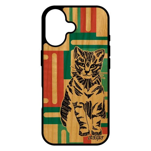 Coque chat pour iPhone 17 bois silicone animaux carr¿ chaton felin fantaisie telephone Vert geometrique tribal etui homme antichoc