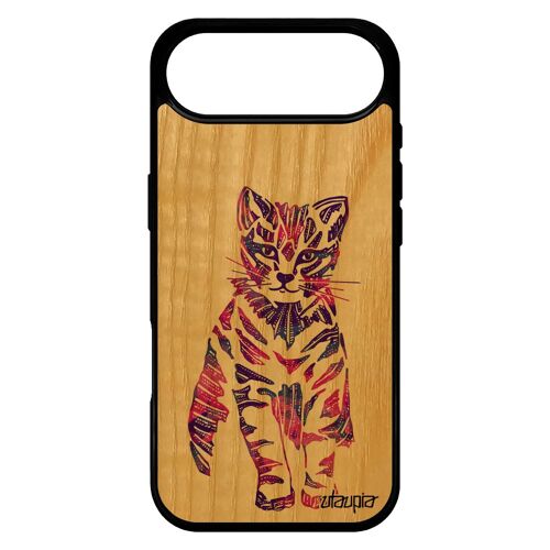 Coque Bois Chat Pour Iphone 17 Air Silicone Animaux Mignon Telephone Housse Pastel Azteque Ethnique Chaton Femme Tribal Petit
