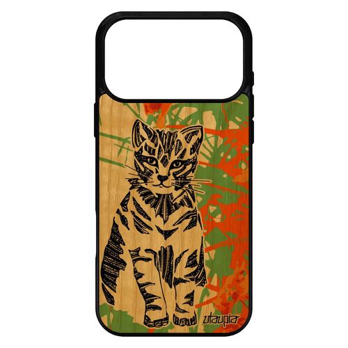 Coque pour iPhone 17 pro max en bois et silicone chat fr¿ne sauvage antichoc ethnique felin dessin mignon jolie made in France