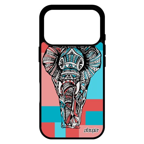 Coque silicone pour iPhone 17 pro elephant de protection d'asie animaux tribal geometrique dessin cube azteque telephone ethnique