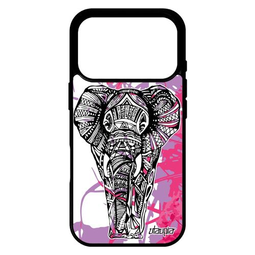 Coque pour iPhone 17 pro en silicone elephant case fleur femme animal sagesse azteque dessin d'afrique feuilles Rose nature 4G