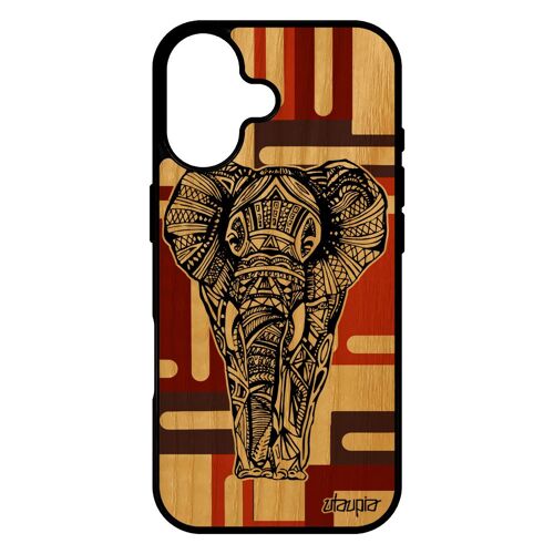 Coque Elephant Pour Iphone 17 En Bois Silicone Azteque Cube Etui Tribal Marron Telephone Bumper Smartphone Femme Noir Et Blanc