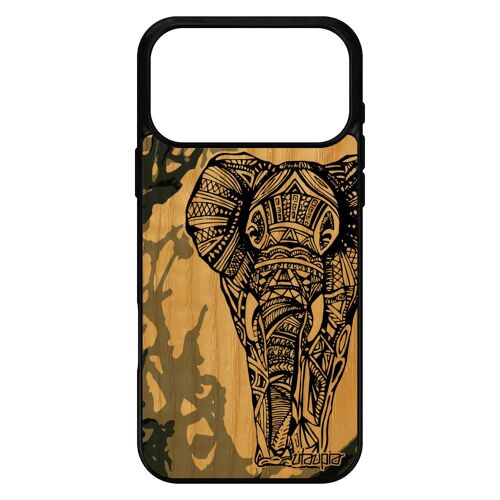 Coque pour iPhone 17 pro max bois silicone elephant azteque dessin housse smartphone d'afrique animaux femme ethnique Gris peinture