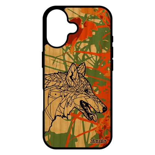 Coque en bois loup pour iPhone 17 silicone chien dessin housse mobile tribal ethnique azteque telephone alpha pas cher Orange
