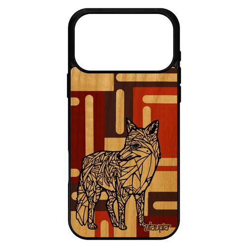 Coque en bois telephone pour iPhone 17 pro max silicone renard mobile roux azteque antichoc case geometrique tribal Marron de