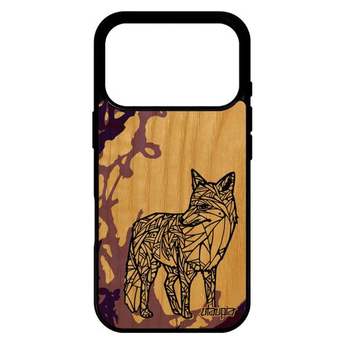 Coque en bois pour iPhone 17 pro silicone renard goupil ethnique tribal peinture dessin etui azteque Violet cadeau de noel cover