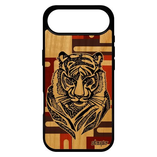 Coque En Bois Tigre Pour Iphone 17 Air Silicone Marron Souple Animaux Noir Design Azteque Cube Smartphone Etui Dessin Telephone De