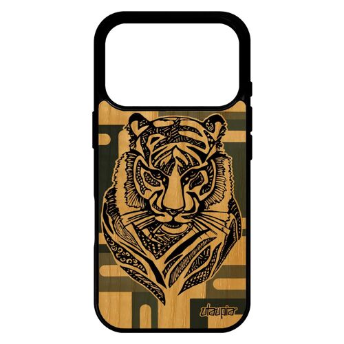 Coque pour iPhone 17 pro bois silicone tigre ethnique bumper dessin geometrique cubique animal de protection tribal smartphone Gris