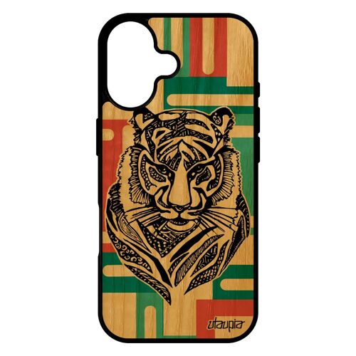 Coque pour iPhone 17 en bois silicone tigre tribal noir animaux cadeau de noel carr¿ geometrique antichoc Vert ethnique 4G dessin